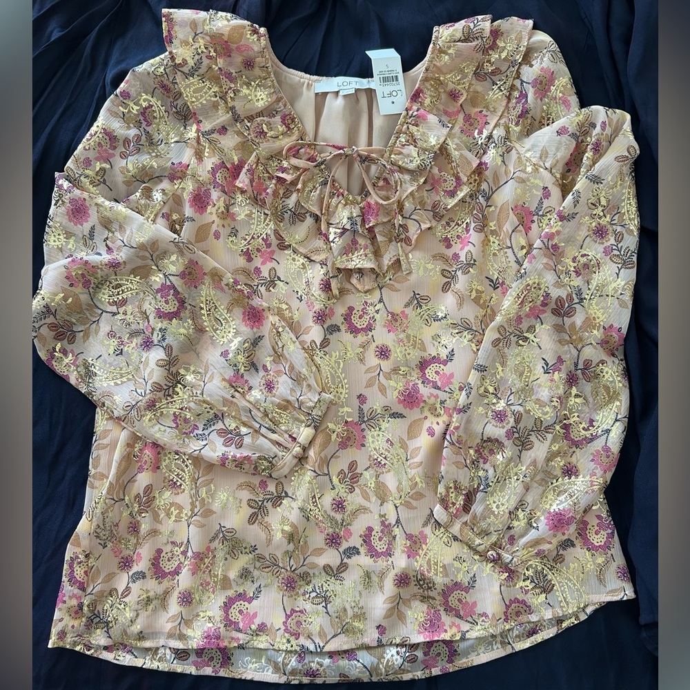 LOFT Floral Blouse with Ruffle Detail - Pink and Gold New With Tag